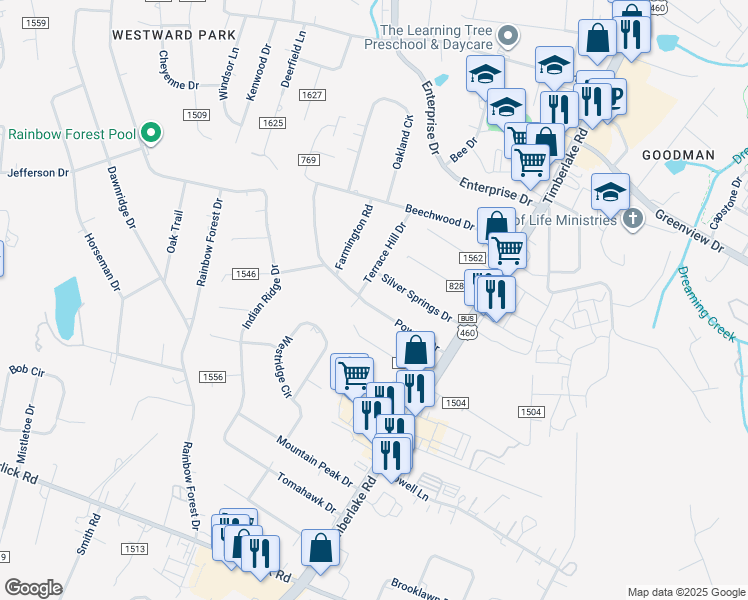 map of restaurants, bars, coffee shops, grocery stores, and more near 223 Powtan Drive in Lynchburg