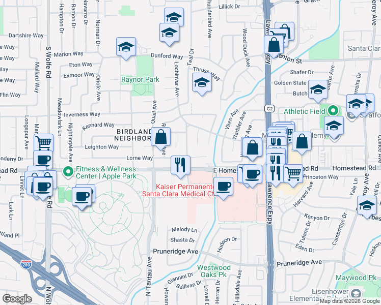 map of restaurants, bars, coffee shops, grocery stores, and more near 1666 Swallow Drive in Sunnyvale