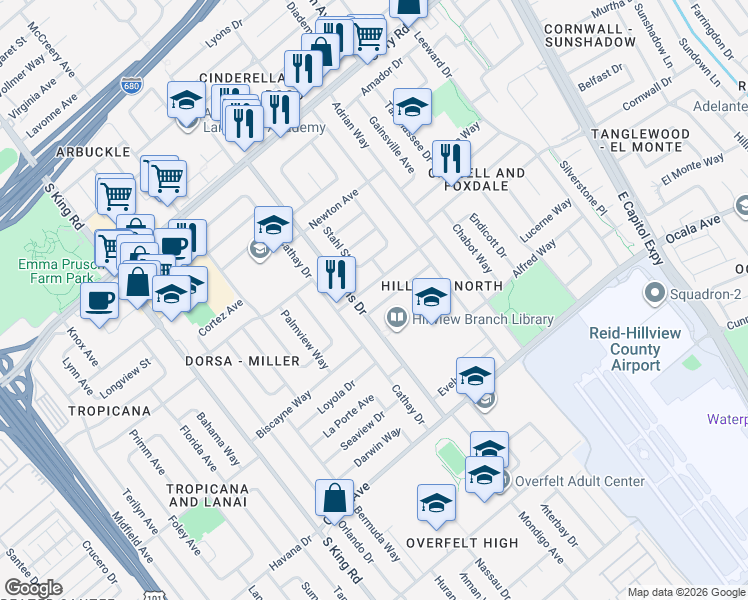 map of restaurants, bars, coffee shops, grocery stores, and more near 2092 Sullivan Avenue in San Jose