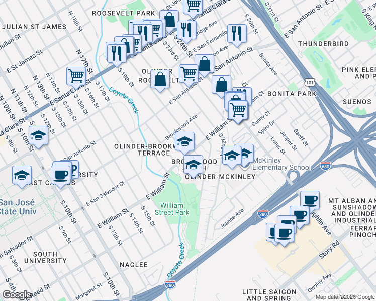 map of restaurants, bars, coffee shops, grocery stores, and more near 380 South 20th Street in San Jose