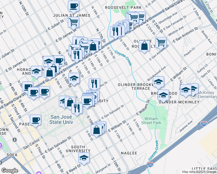 map of restaurants, bars, coffee shops, grocery stores, and more near 210 South 15th Street in San Jose