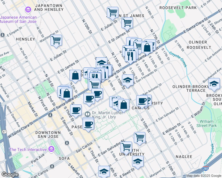 map of restaurants, bars, coffee shops, grocery stores, and more near 60 South 9th Street in San Jose