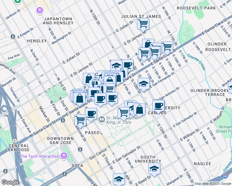 map of restaurants, bars, coffee shops, grocery stores, and more near 352 East Santa Clara Street in San Jose
