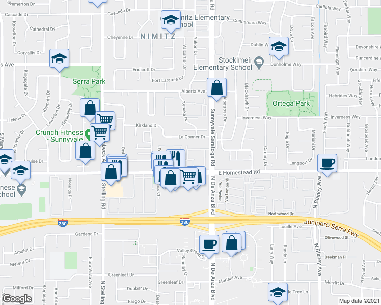 map of restaurants, bars, coffee shops, grocery stores, and more near 20579 Cedarbrook Terrace in Cupertino