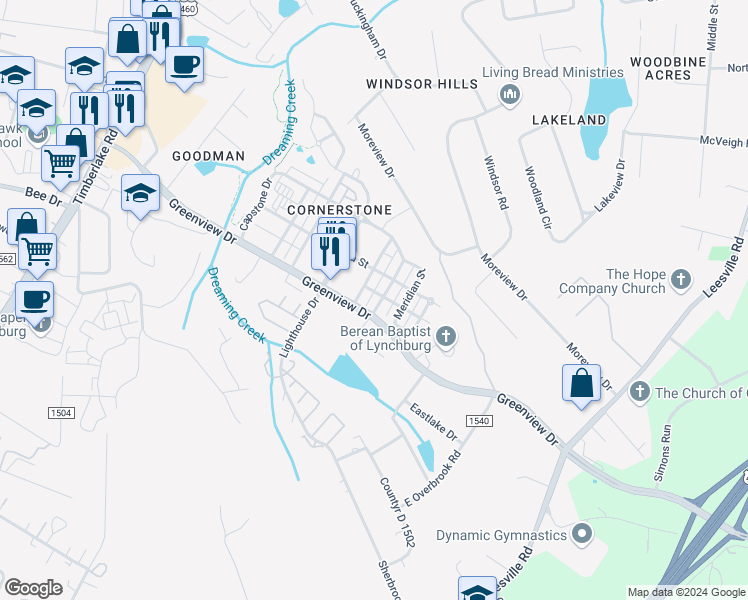 map of restaurants, bars, coffee shops, grocery stores, and more near 602 Capstone Drive in Lynchburg