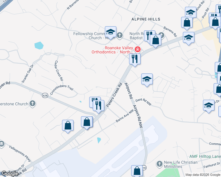 map of restaurants, bars, coffee shops, grocery stores, and more near 6797 Woodcreeper Drive in Hollins