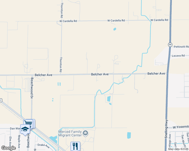 map of restaurants, bars, coffee shops, grocery stores, and more near 1905 Belcher Avenue in Merced