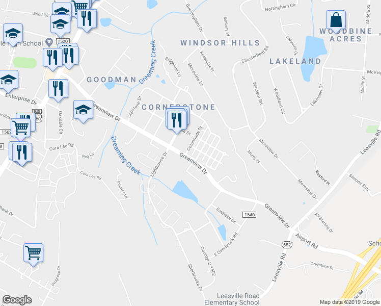 map of restaurants, bars, coffee shops, grocery stores, and more near 104 Colonnade Street in Lynchburg