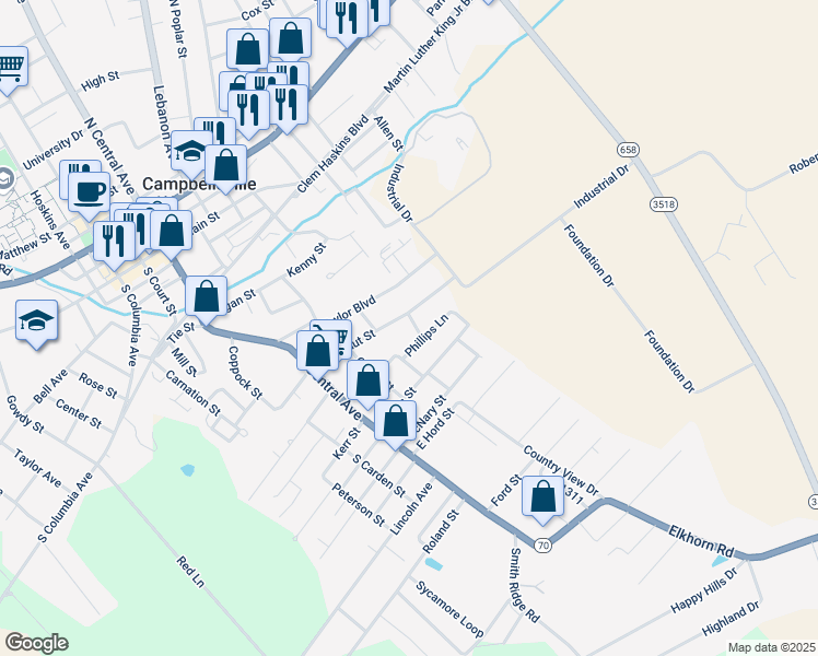 map of restaurants, bars, coffee shops, grocery stores, and more near 214 East Walnut Street in Campbellsville