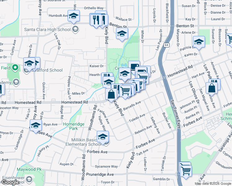 map of restaurants, bars, coffee shops, grocery stores, and more near 831 Kiely Boulevard in Santa Clara
