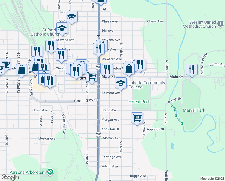 map of restaurants, bars, coffee shops, grocery stores, and more near 1504 Broadway Avenue in Parsons