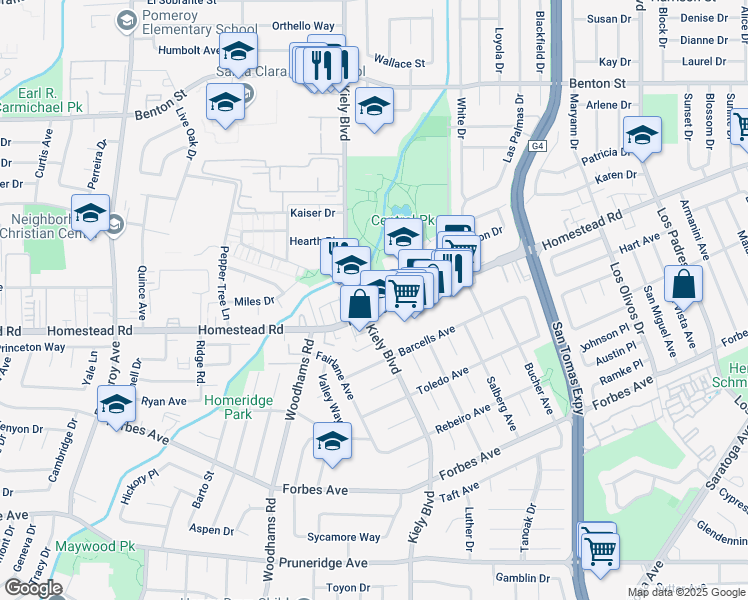 map of restaurants, bars, coffee shops, grocery stores, and more near 2785 Homestead Road in Santa Clara