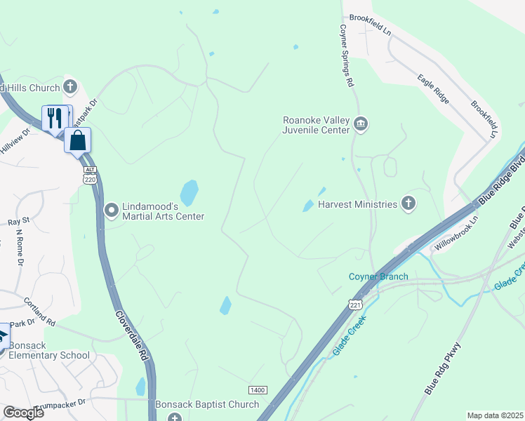 map of restaurants, bars, coffee shops, grocery stores, and more near 430 Peachtree Valley Drive in Roanoke