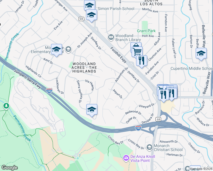 map of restaurants, bars, coffee shops, grocery stores, and more near 460 Aspen Way in Los Altos