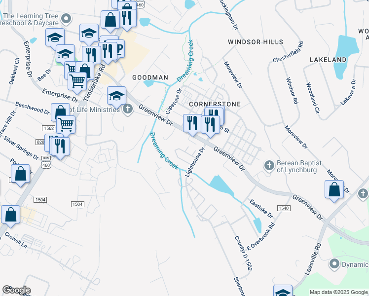 map of restaurants, bars, coffee shops, grocery stores, and more near 8 Blackberry Court in Lynchburg