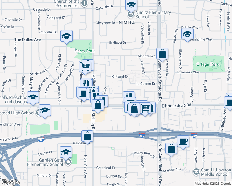 map of restaurants, bars, coffee shops, grocery stores, and more near 7385 Rainbow Dr in Cupertino