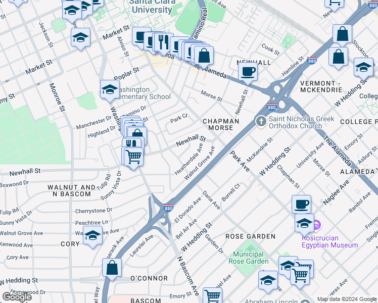 map of restaurants, bars, coffee shops, grocery stores, and more near 1556 Shady Glen Avenue in Santa Clara