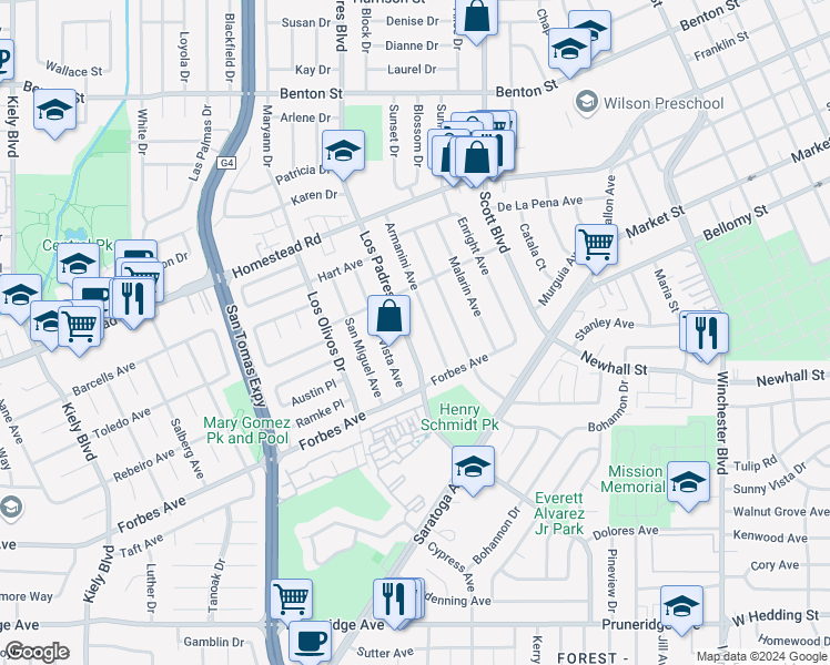map of restaurants, bars, coffee shops, grocery stores, and more near in Santa Clara