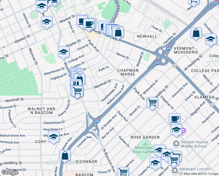 map of restaurants, bars, coffee shops, grocery stores, and more near 1556 Shady Glen Avenue in Santa Clara