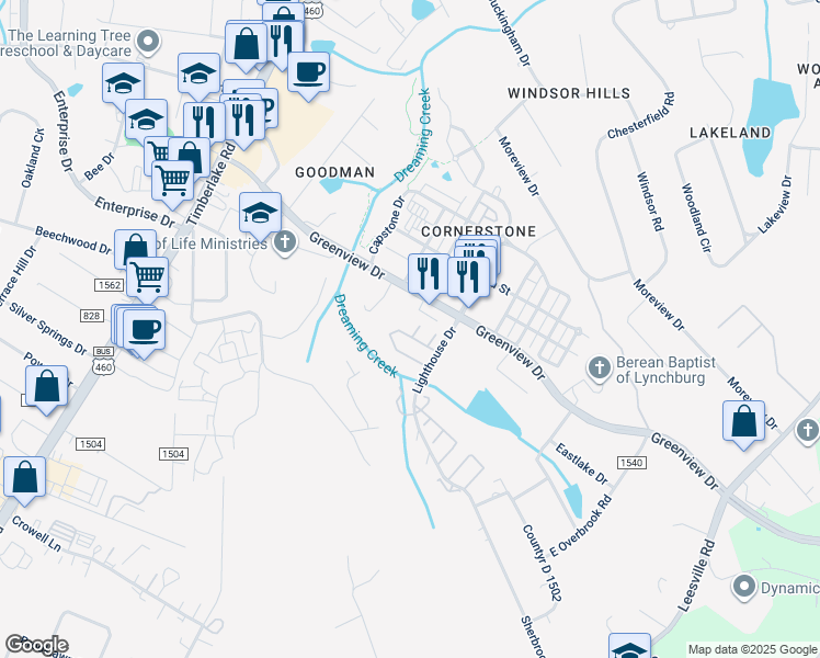 map of restaurants, bars, coffee shops, grocery stores, and more near 8 Blackberry Court in Lynchburg