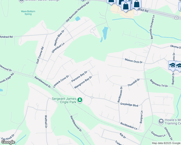 map of restaurants, bars, coffee shops, grocery stores, and more near 1507 Clarence Cove Drive in Chester
