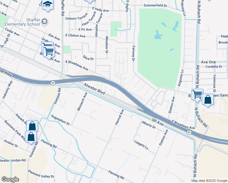 map of restaurants, bars, coffee shops, grocery stores, and more near 3500 Atwater Boulevard in Atwater