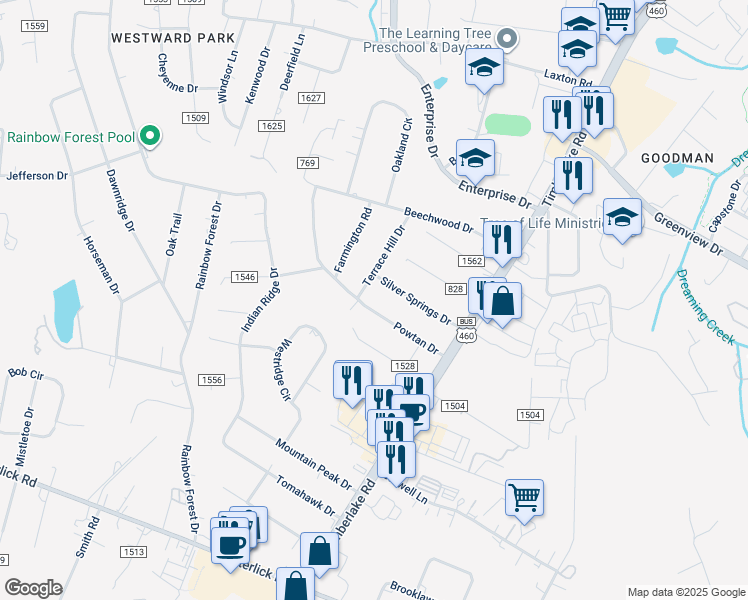 map of restaurants, bars, coffee shops, grocery stores, and more near 223 Powtan Drive in Lynchburg