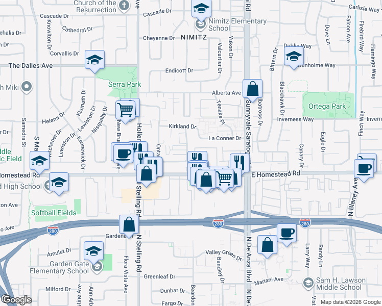 map of restaurants, bars, coffee shops, grocery stores, and more near 1630 Queen Charlotte Drive in Sunnyvale