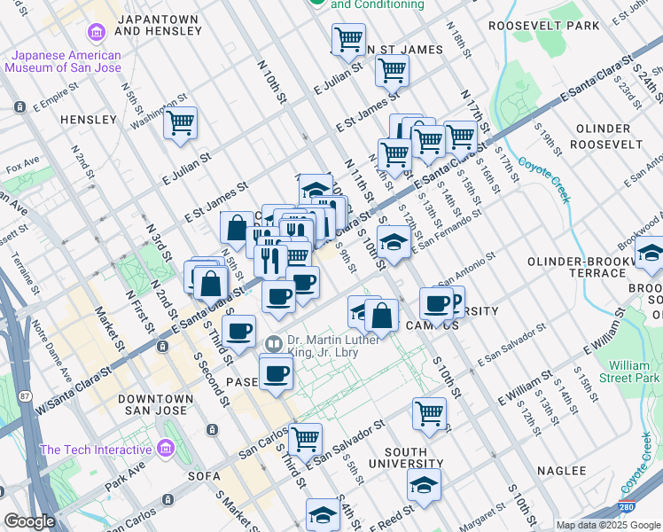 map of restaurants, bars, coffee shops, grocery stores, and more near 352 East Santa Clara Street in San Jose