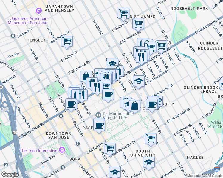 map of restaurants, bars, coffee shops, grocery stores, and more near 352 East Santa Clara Street in San Jose