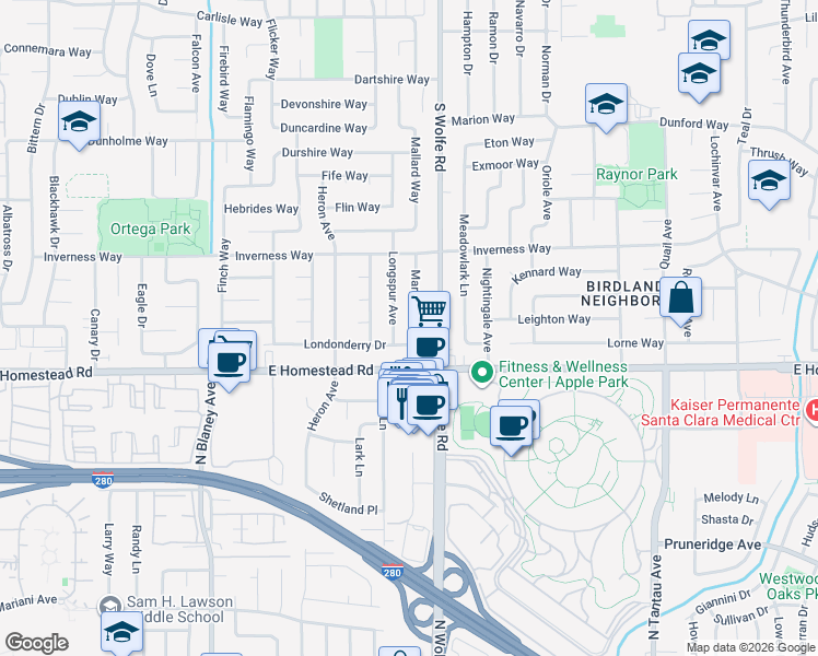 map of restaurants, bars, coffee shops, grocery stores, and more near 1658 Longspur Avenue in Sunnyvale