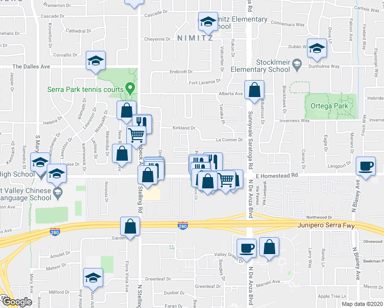 map of restaurants, bars, coffee shops, grocery stores, and more near 1630 Queen Charlotte Drive in Sunnyvale