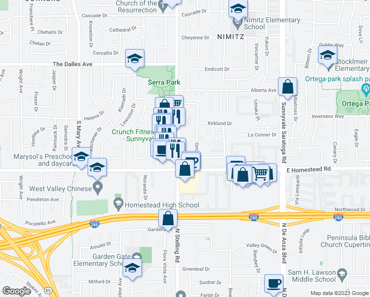 map of restaurants, bars, coffee shops, grocery stores, and more near 1654 Hollenbeck Avenue in Sunnyvale