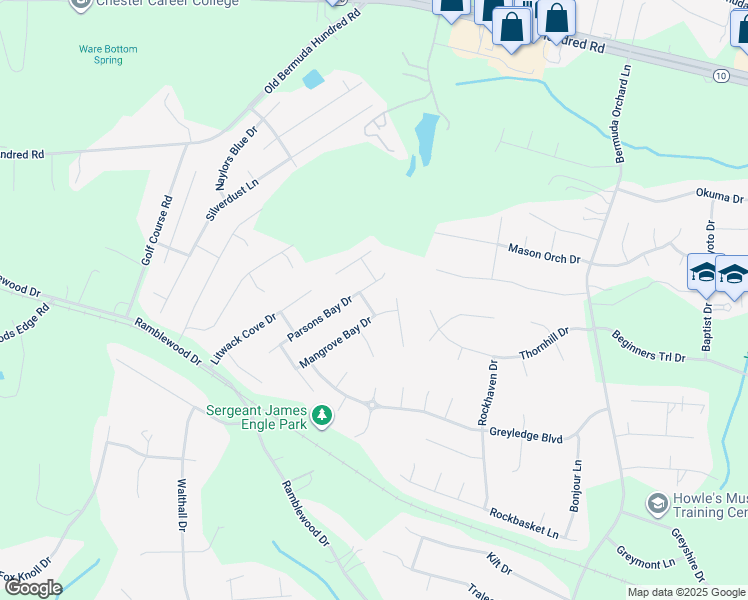 map of restaurants, bars, coffee shops, grocery stores, and more near 1507 Clarence Cove Drive in Chester