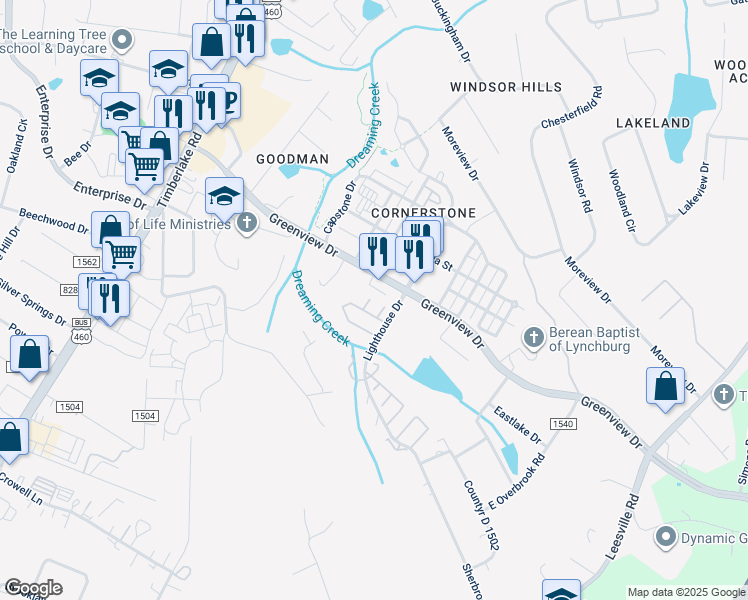 map of restaurants, bars, coffee shops, grocery stores, and more near 29 Blackberry Court in Lynchburg