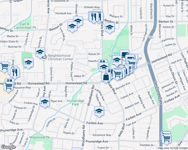 map of restaurants, bars, coffee shops, grocery stores, and more near 827 Creekside Place in Santa Clara