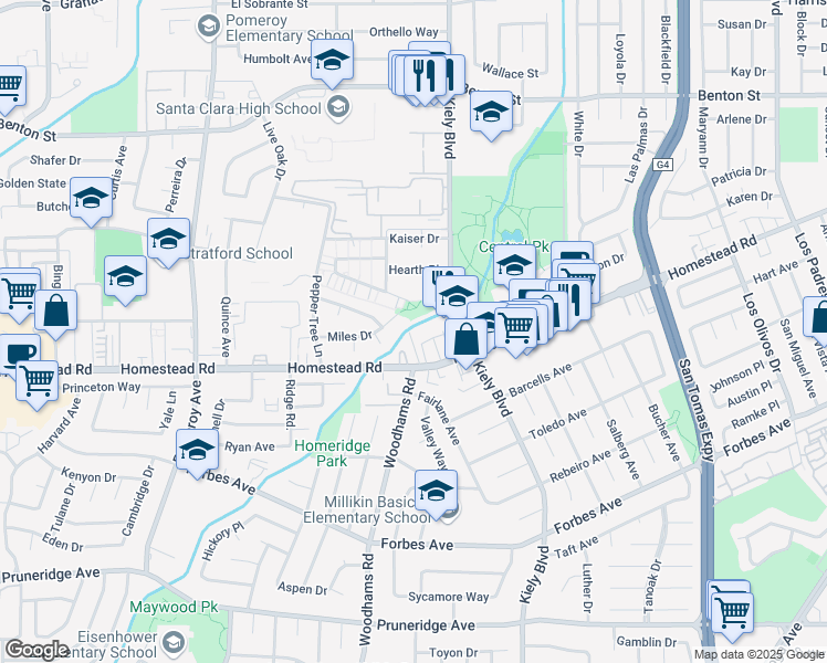 map of restaurants, bars, coffee shops, grocery stores, and more near 827 Creekside Place in Santa Clara