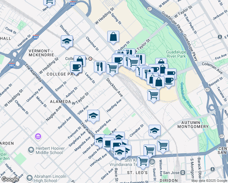 map of restaurants, bars, coffee shops, grocery stores, and more near 647 Stockton Avenue in San Jose