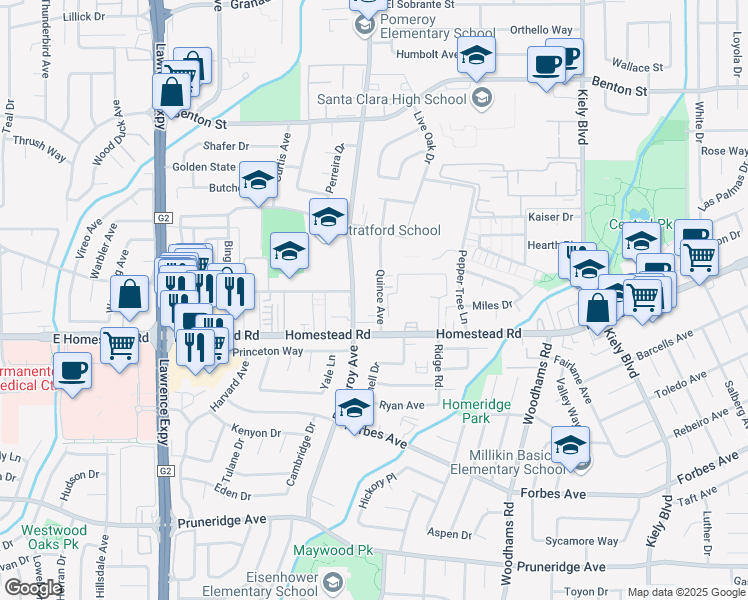 map of restaurants, bars, coffee shops, grocery stores, and more near 834 Quince Avenue in Santa Clara