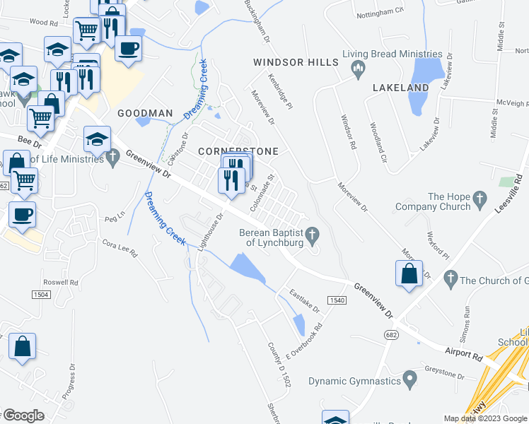 map of restaurants, bars, coffee shops, grocery stores, and more near 618 Capstone Drive in Lynchburg