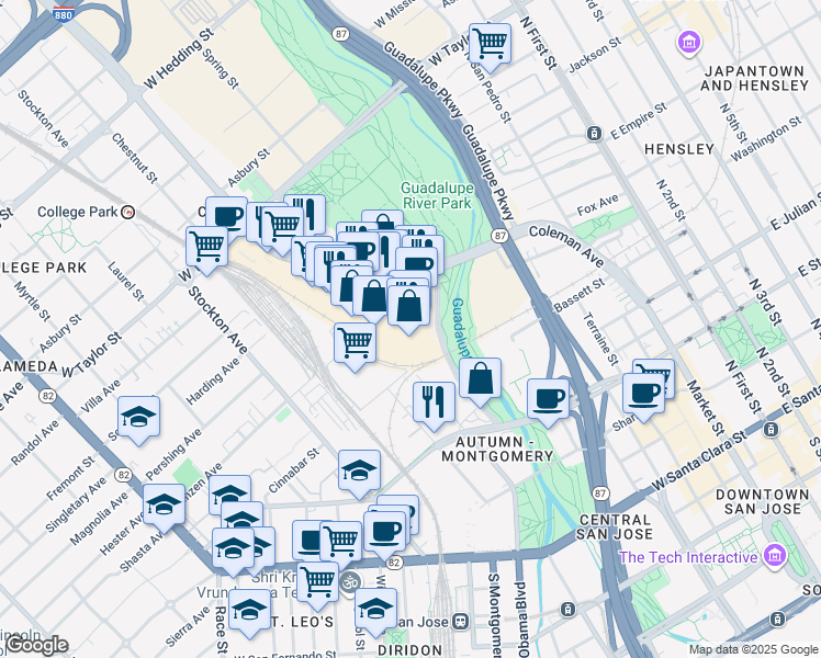map of restaurants, bars, coffee shops, grocery stores, and more near 533 Coleman Avenue in San Jose