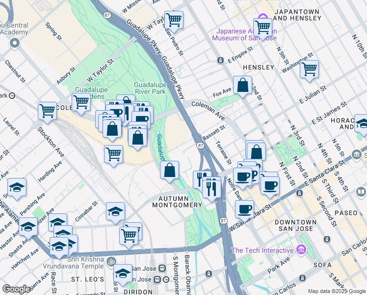 map of restaurants, bars, coffee shops, grocery stores, and more near 269 Bassett St in San Jose