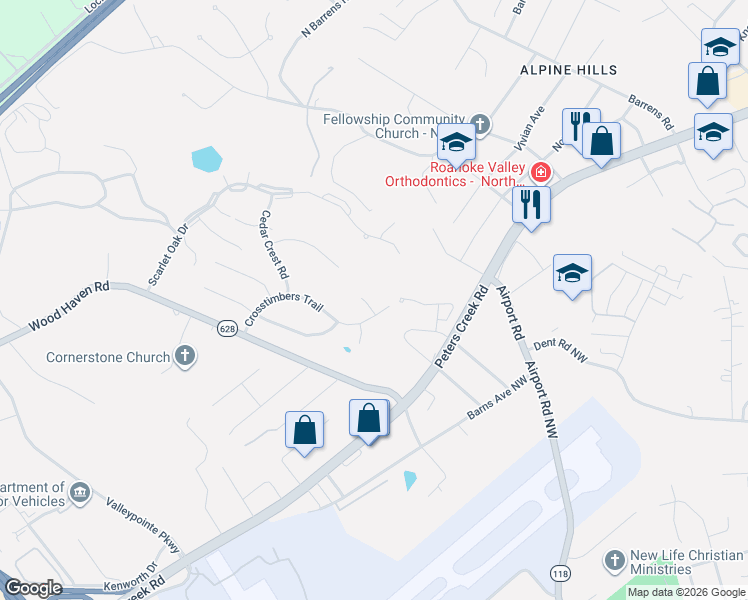map of restaurants, bars, coffee shops, grocery stores, and more near 7323 Acorn Trail in Roanoke