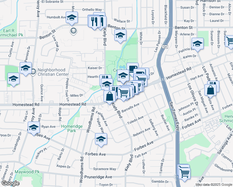map of restaurants, bars, coffee shops, grocery stores, and more near 2655 Homestead Road in Santa Clara