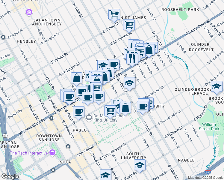 map of restaurants, bars, coffee shops, grocery stores, and more near 60 South 9th Street in San Jose