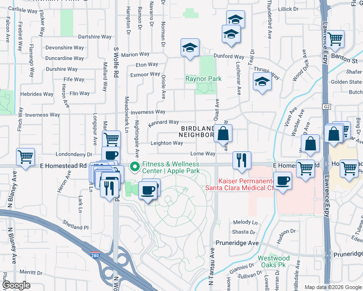 map of restaurants, bars, coffee shops, grocery stores, and more near 969 Leighton Way in Sunnyvale
