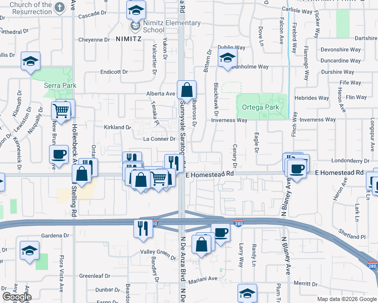 map of restaurants, bars, coffee shops, grocery stores, and more near 150 Kirbyhill Way in Sunnyvale