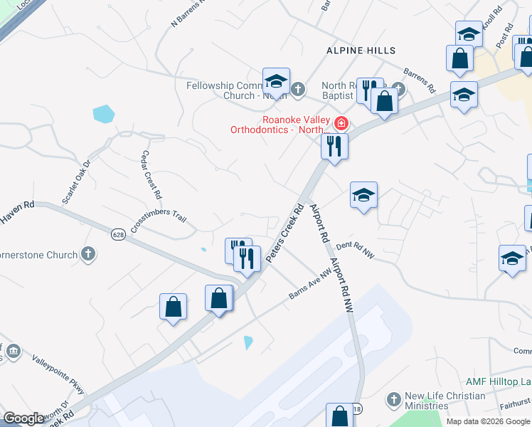 map of restaurants, bars, coffee shops, grocery stores, and more near 6797 Woodcreeper Drive in Hollins