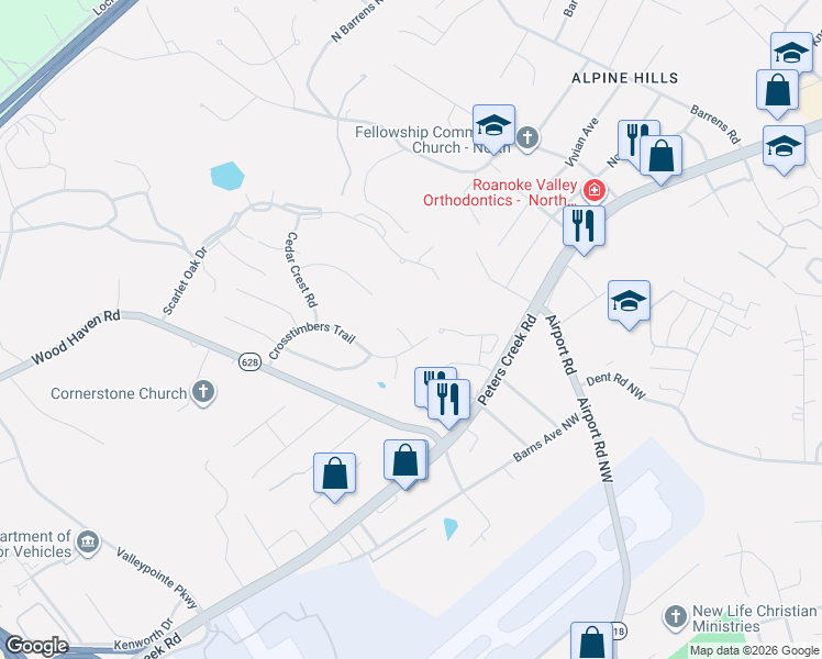 map of restaurants, bars, coffee shops, grocery stores, and more near 7323 Acorn Trail in Roanoke