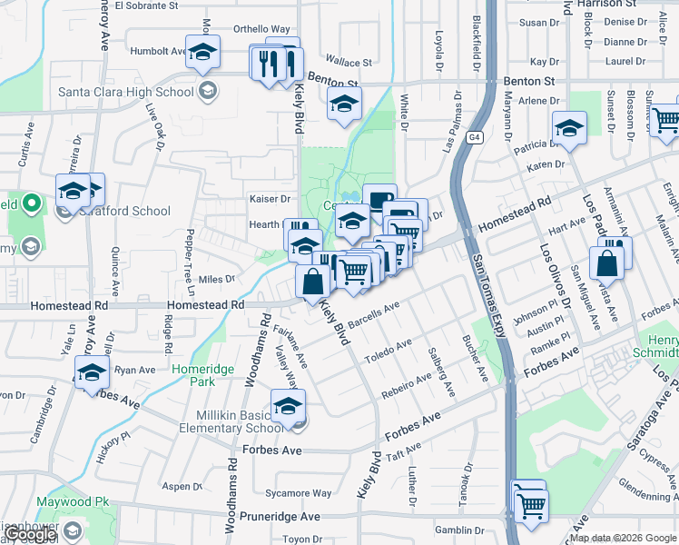 map of restaurants, bars, coffee shops, grocery stores, and more near 2655 Homestead Road in Santa Clara